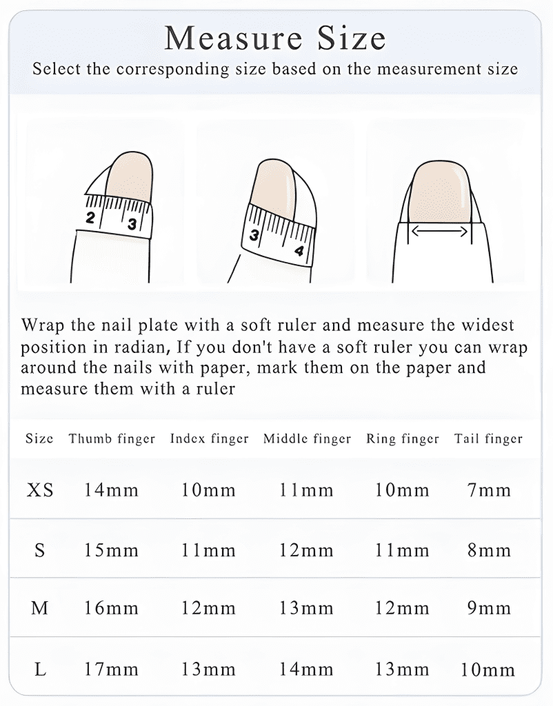 Chart showing how to measure nail size using a soft ruler, with corresponding sizes for thumb, index, middle, ring, and tail fingers.