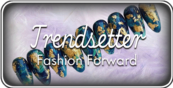 Trendsetter: Fashion Forward with trendy, gold-accented blue nail art on a soft, fluffy background.